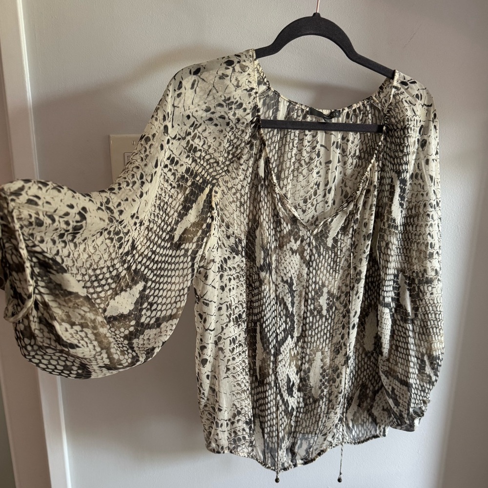 Matty M 100% Silk Snakeskin Print Balloon Sleeve Semi Sheer Boho Chic Blouse SM